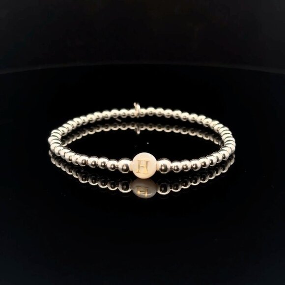 925 Sterling Silver Beaded Stretch Stacking Bracelet MOP Letter Initial H - Picture 1 of 6